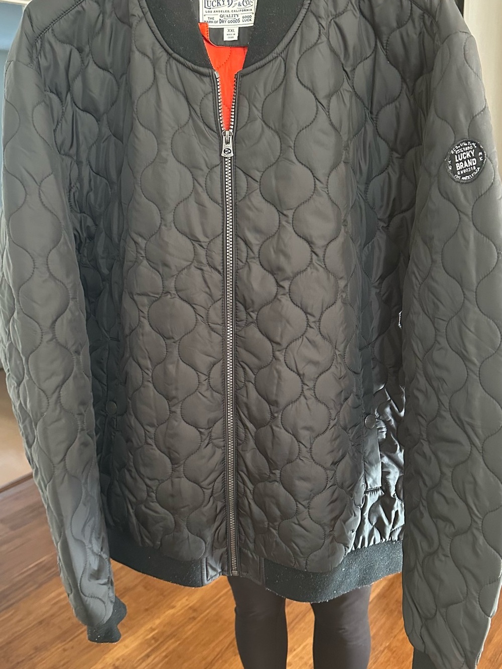 Lucky Brand Kids Black Quilted Puffer Jacket with Orange Interior